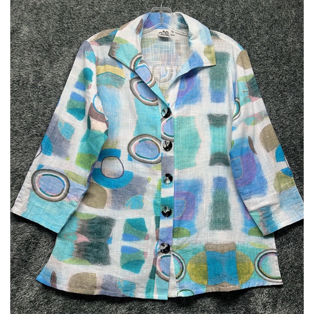 Parsley Sage Womens Size M Blue 3/4 Sleeve Printed Button Down Top (S5)